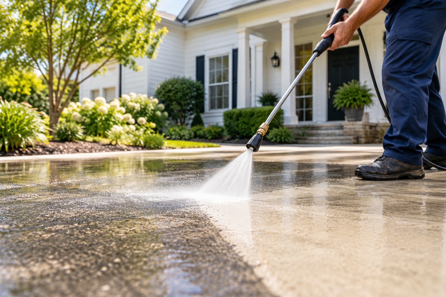 Illustration of a pressure-washing wand cleaning a concrete driveway